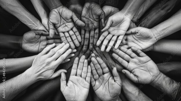 Monochrome image of diverse hands extended in an open, cupped position, forming a circular pattern.